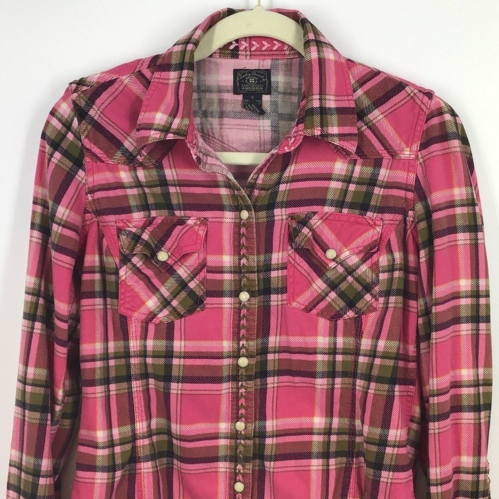 Lucky Brand Dungarees Pink Plaid Snap Western Shirt Embroidered Trim Vtg Size S‎